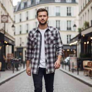 Ely Cattleman Western Pearl Snap Shirt Black Red Ombre Plaid XXL